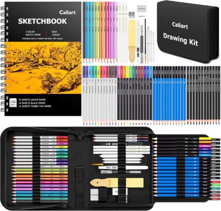 Caliart 176PCS Art Supplies Sketching Kit with 100 Sheets 3-Color Sketch Book, Graphite Colored Charcoal Watercolor & Metallic Pencils, Drawing Set Christmas Gifts for Adults Teens Girls Boys Kids